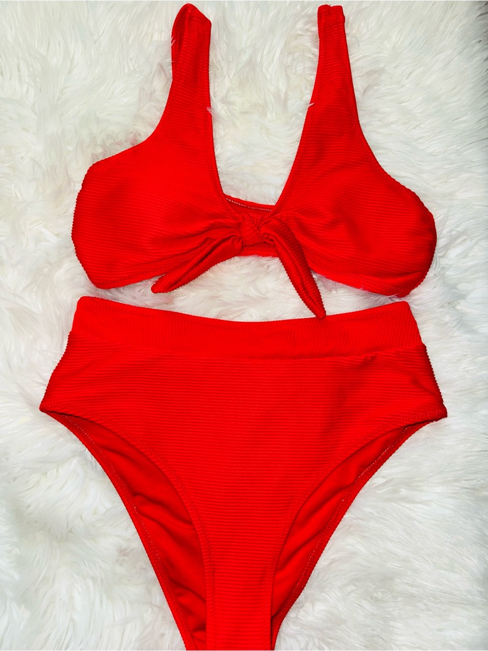 Red Knot Front Ribbed High-Waist Bikini Set - Picture 5 of 9